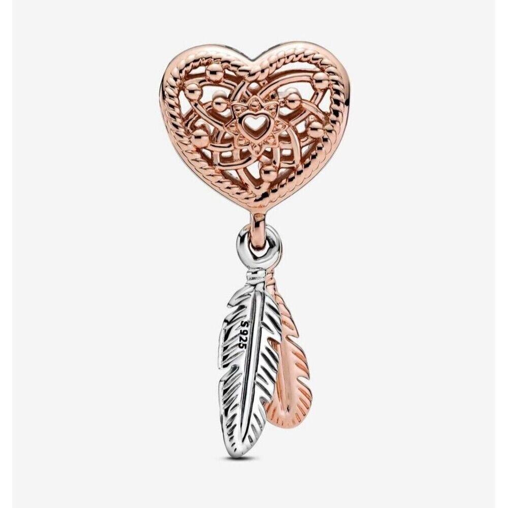 Dreamcatcher Heart Feathers Charm - Silver & Gold - Fits Most Bracelets